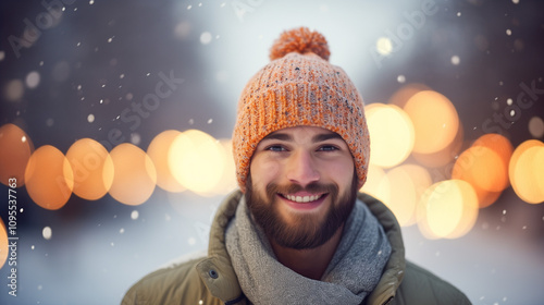 Smiling young man with a beanie hat in a winter scene with bokeh lights