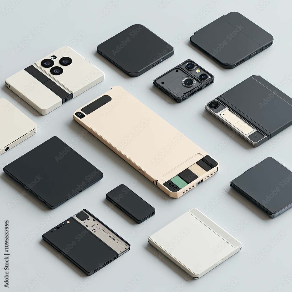 Assorted modular phone components, flatlay. Assorted modular phone components, flatlay.