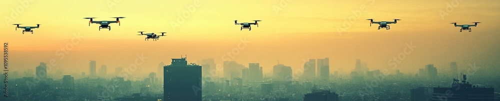 Five drones fly over hazy city skyline. Five drones fly over hazy city skyline.
