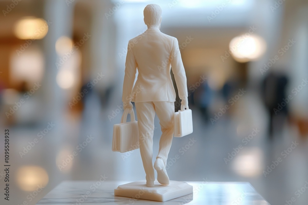 A stylish sculpture of a businessperson dressed in a suit, walking confidently while carrying two briefcases. The backdrop features a lively setting filled with people going about their day. A stylish sculpture of a businessperson dressed in a suit, walking confidently while carrying two briefcases. The backdrop features a lively setting filled with people going about their day.