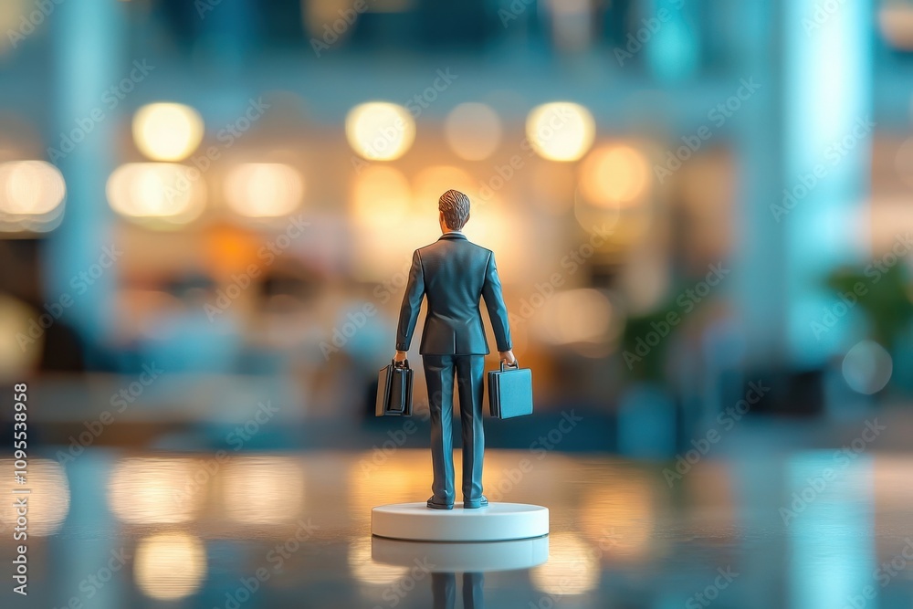 A small figurine of a businessman stands on a table in a contemporary workspace. The background is blurred with a bright, bustling environment, suggesting productivity and ambition. A small figurine of a businessman stands on a table in a contemporary workspace. The background is blurred with a bright, bustling environment, suggesting productivity and ambition.