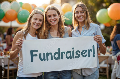 Fundraising event banner held by volunteers, daytime setting