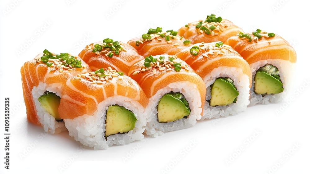 Salmon sushi roll, avocado filling, rice detail, arranged on a minimalist table Salmon sushi roll, avocado filling, rice detail, arranged on a minimalist table