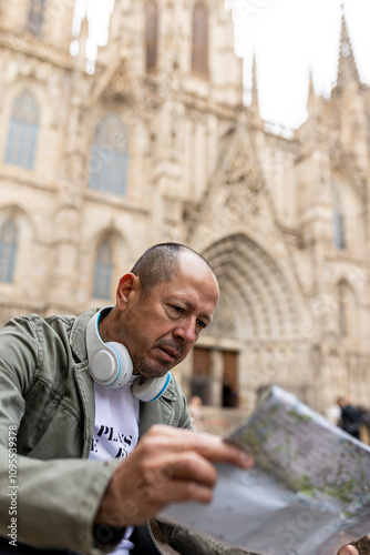 Tourist consulting a street map in the Cathedral square of Barcelona in Catalonia, Spain