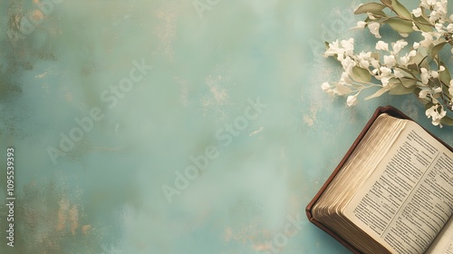 old open bible and flower border for a religious website or blog