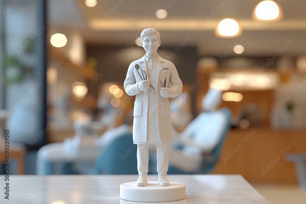 A detailed model of a healthcare worker in a lab coat holds medical instruments in a contemporary clinic. Soft lighting creates a calm atmosphere as other caregivers work in the background. A detailed model of a healthcare worker in a lab coat holds medical instruments in a contemporary clinic. Soft lighting creates a calm atmosphere as other caregivers work in the background.