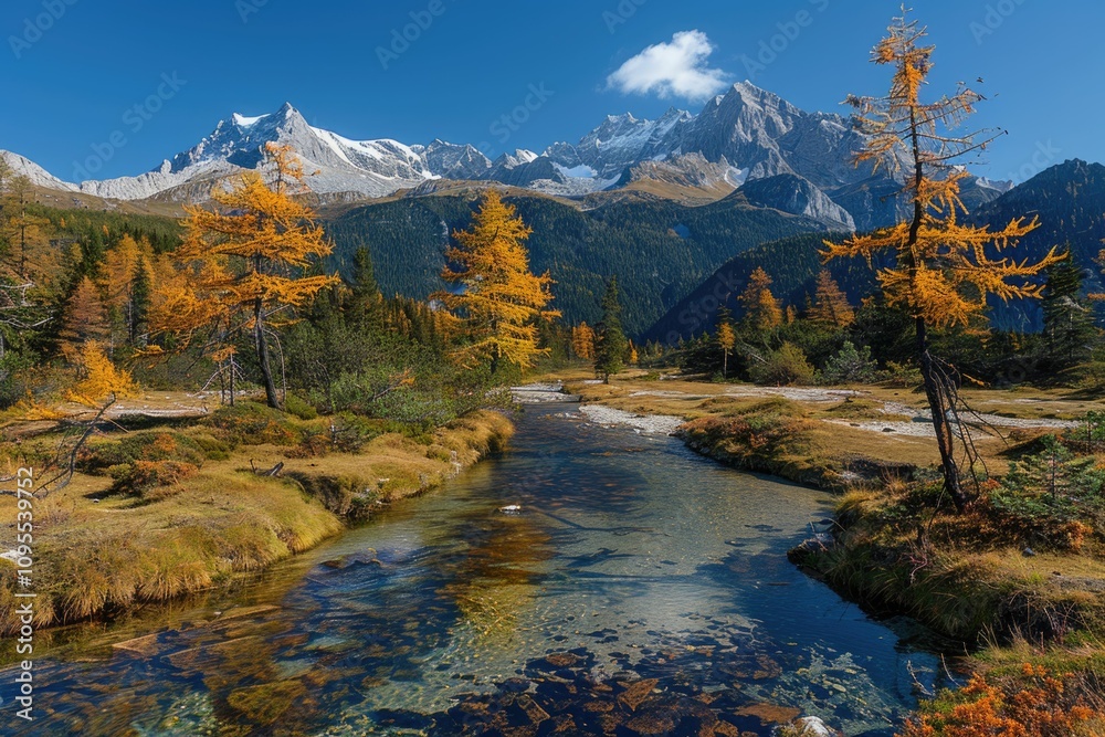 Naklejka premium Small trees by mountain river create serene natural landscape.