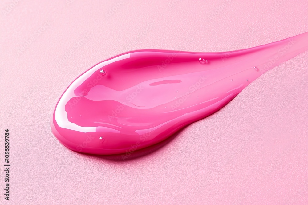 Bright pink liquid spreads across a smooth pastel surface creating a vibrant and glossy texture. Generative AI