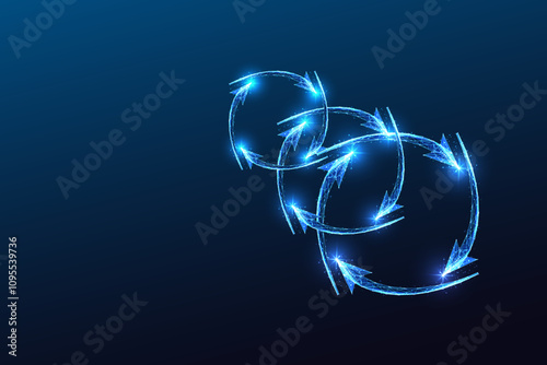 Three glowing circular arrows form an interconnected cycle on dark blue background, sustainability, 