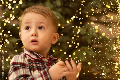 Portrait of a one and a half year old child with brown eyes and in a checkered shirt near the Christmas tree photo