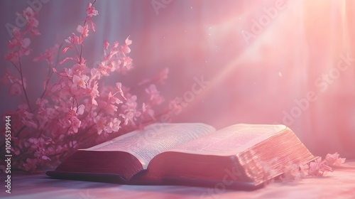 An open bible with pink flowers background for a religious website or blog