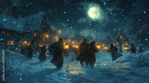 Wallpaper Mural A winter scene with people carrying lanterns in a snowy village under a full moon. Torontodigital.ca
