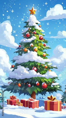 Beautiful Christmas Tree with Snow and Gifts in a Winter Wonderland