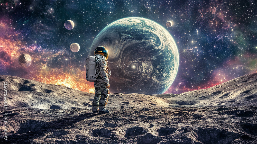 Astronaut Standing on the Moon’s Surface with Giant Planet and Moons in the Sky Astronaut Standing on the Moon’s Surface with Giant Planet and Moons in the Sky