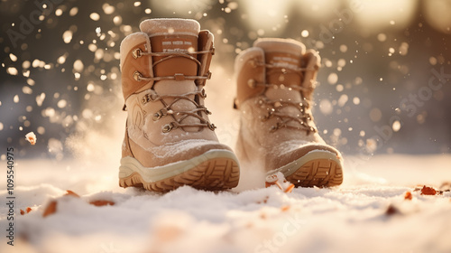 Stylish snow boots walking through freshly fallen snow with splashes of powder photo