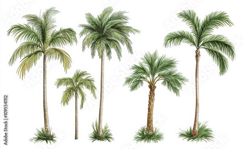Realistic Palm Trees with Lush Green Fronds Isolated on White Background