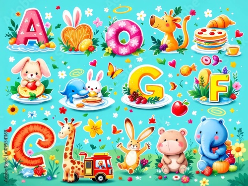 Colorful Kids ABC Alphabet Cards with Animals and Food