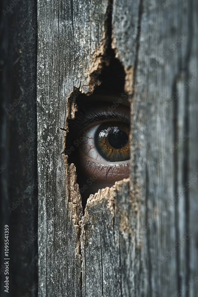 An eye peering through the cracks in an old wooden fence, evoking a sense of horror and dark fantasy. An eye peering through the cracks in an old wooden fence, evoking a sense of horror and dark fantasy.