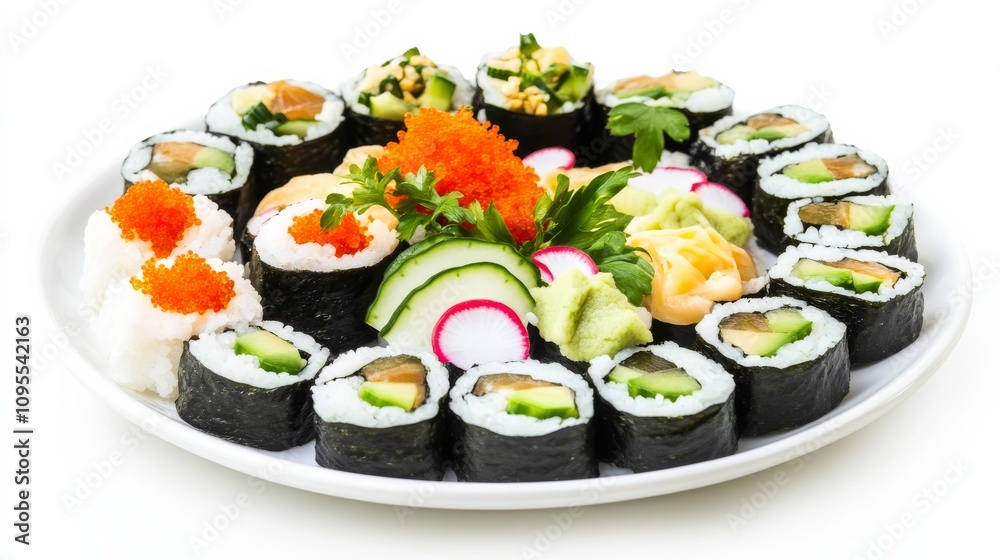 A delicious plate of vegetable sushi rolls with avocado, cucumber, and carrot wrapped in seaweed and rice A delicious plate of vegetable sushi rolls with avocado, cucumber, and carrot wrapped in seaweed and rice