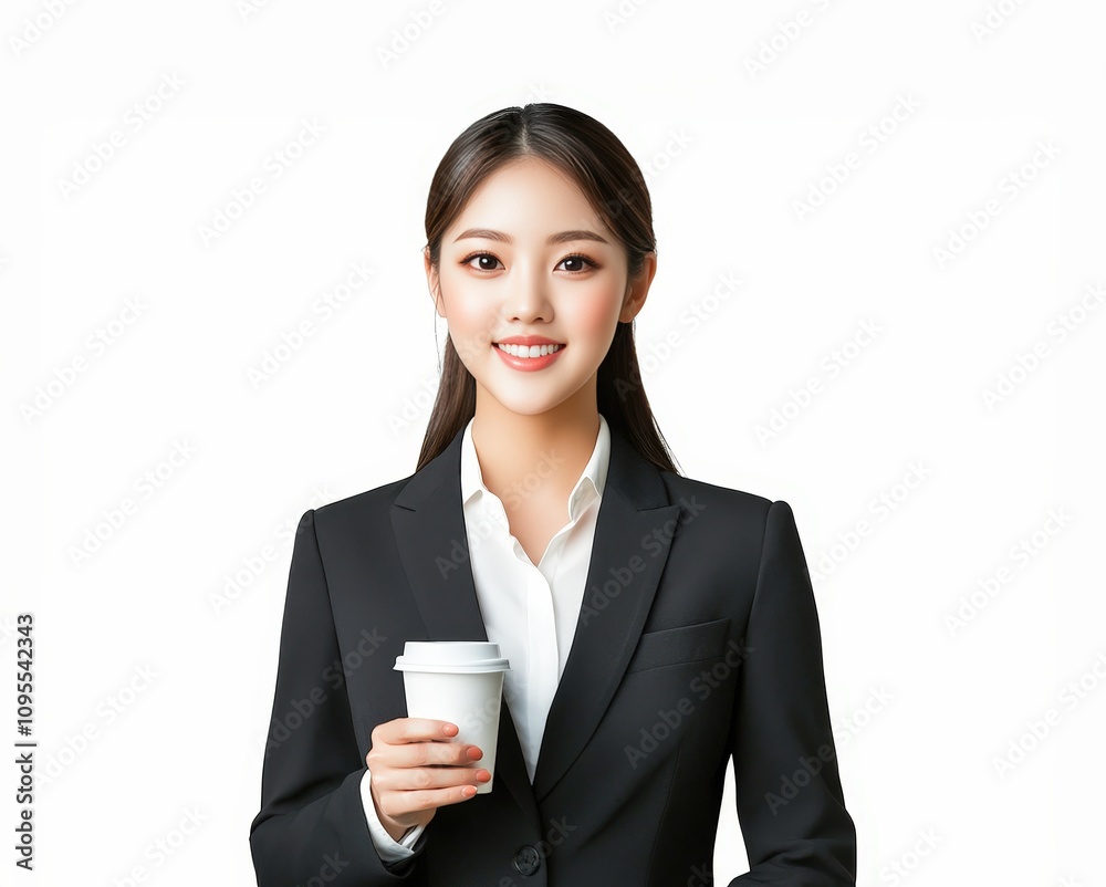 Professional woman in business attire holding coffee cup isolated on white background Professional woman in business attire holding coffee cup isolated on white background