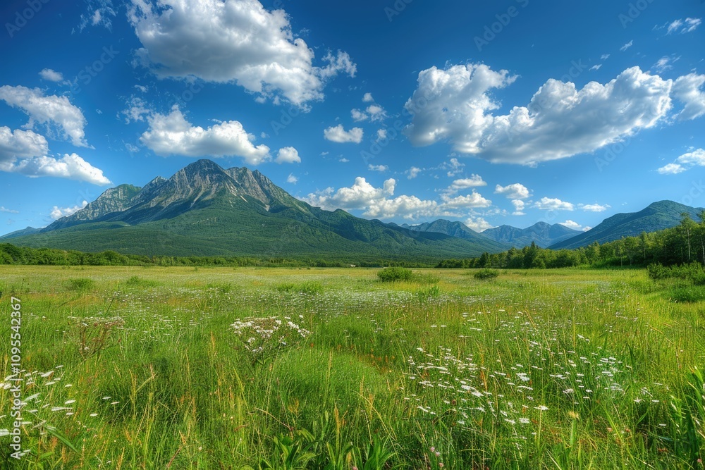 Fototapeta premium Panoramic natural landscape with green grass and mountains.