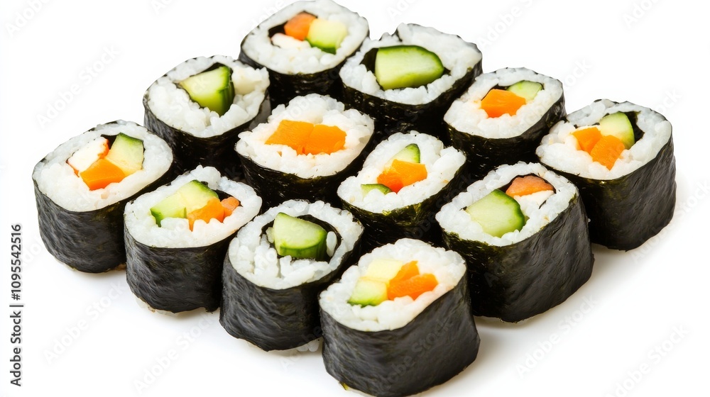 A delicious plate of vegetable sushi rolls with avocado, cucumber, and pickled radish A delicious plate of vegetable sushi rolls with avocado, cucumber, and pickled radish