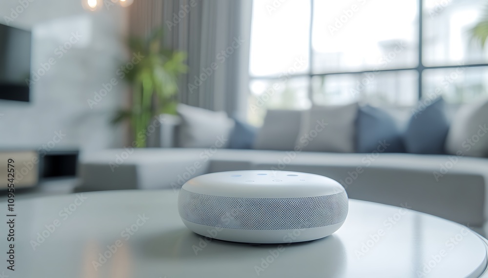 A smart speaker on a table in a modern living room setting. A smart speaker on a table in a modern living room setting.