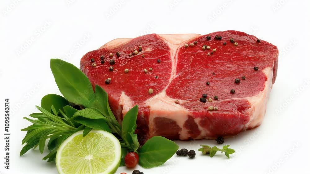 Rotation of the raw steak with by fresh herbs and a lime wedge on white background Rotation of the raw steak with by fresh herbs and a lime wedge on white background