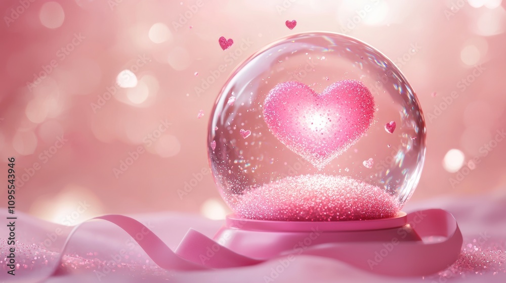 3D snow globe with a glowing pink heart centerpiece surrounded by floating heart-shaped flakes, set on a glossy pink base with a ribbon, against a soft pink gradient background.
