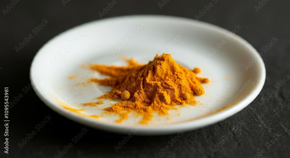 A pinch of turmeric powder on a white saucer
