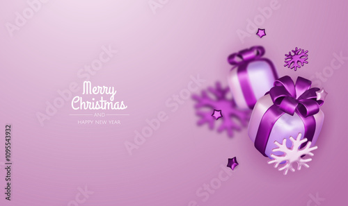 Happy New Year and Merry Christmas. Christmas holiday background with realistic 3d objects, bauble balls, conical metal stars. Levitation falling design composition.