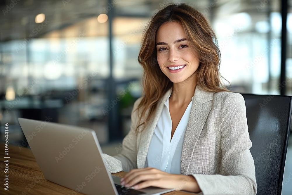 Happy Business Woman Using Laptop in Modern Office Smiling Professional Executive Female Happy Business Woman Using Laptop in Modern Office Smiling Professional Executive Female