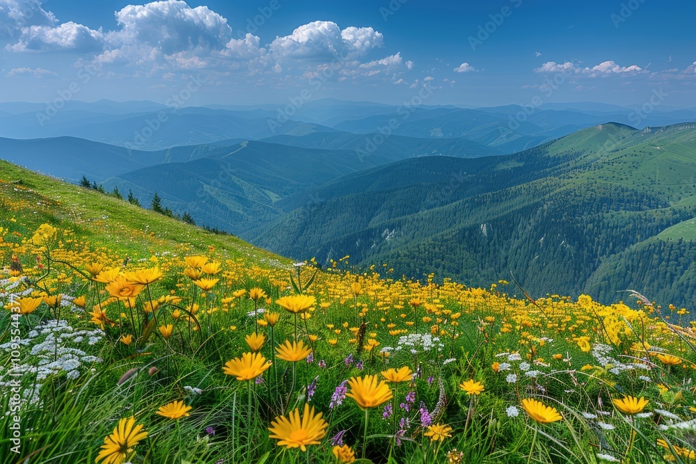 Obraz premium View of mountain meadows and bright blue sky in Ukrainian Carpathians.