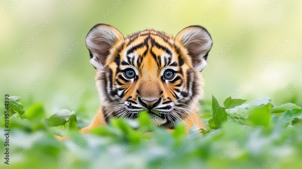 Obraz premium A playful tiger cub explores its lush forest home, showcasing the beauty of wildlife and the importance of conservation.