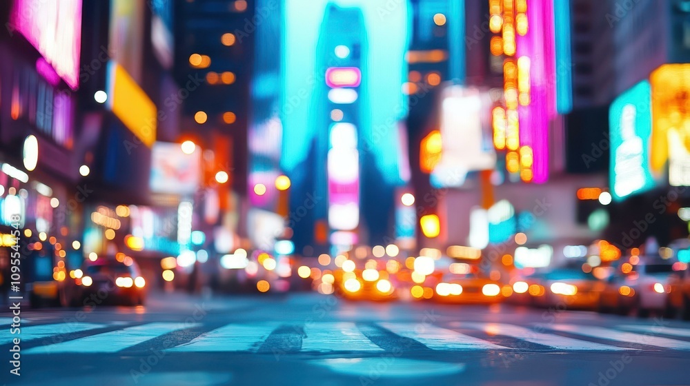 A vibrant city street alive with neon lights, creating an energetic nighttime ambiance that captivates the senses.