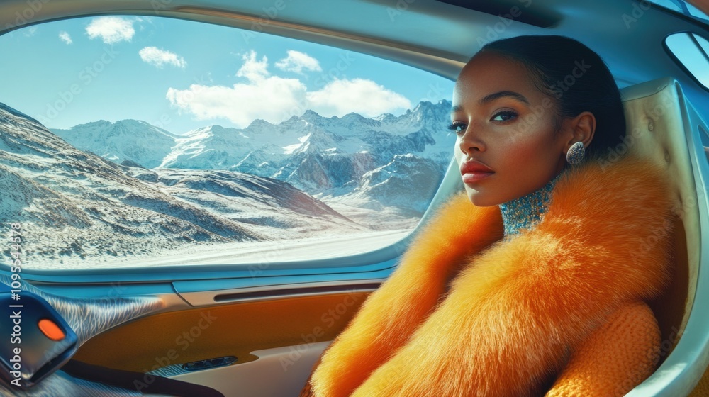 Naklejka premium Elegant model in orange faux fur coat relaxing in luxury car with stunning mountain view, concept of fur