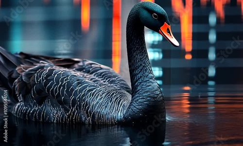 The black swan symbol of economy swimming against the current, with stock charts in the background. Unpredictable events with a great impact on society and the economy. Concept of the financial system photo