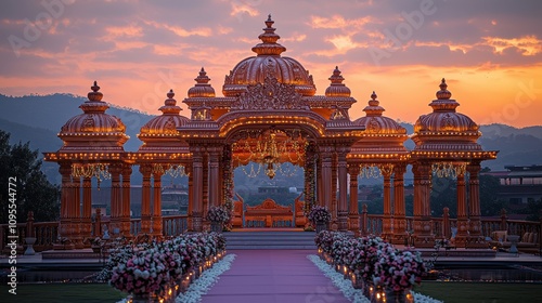 Stunning Indian Wedding Mandap with Intricate Carvings Illuminated at Dusk Surrounded by Scenic Hills and Lush Floral Arrangements on the Pathway