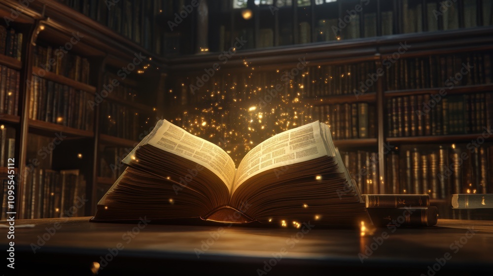 Fototapeta premium Enchanted Book in an Ancient Library: A Magical Reading Experience