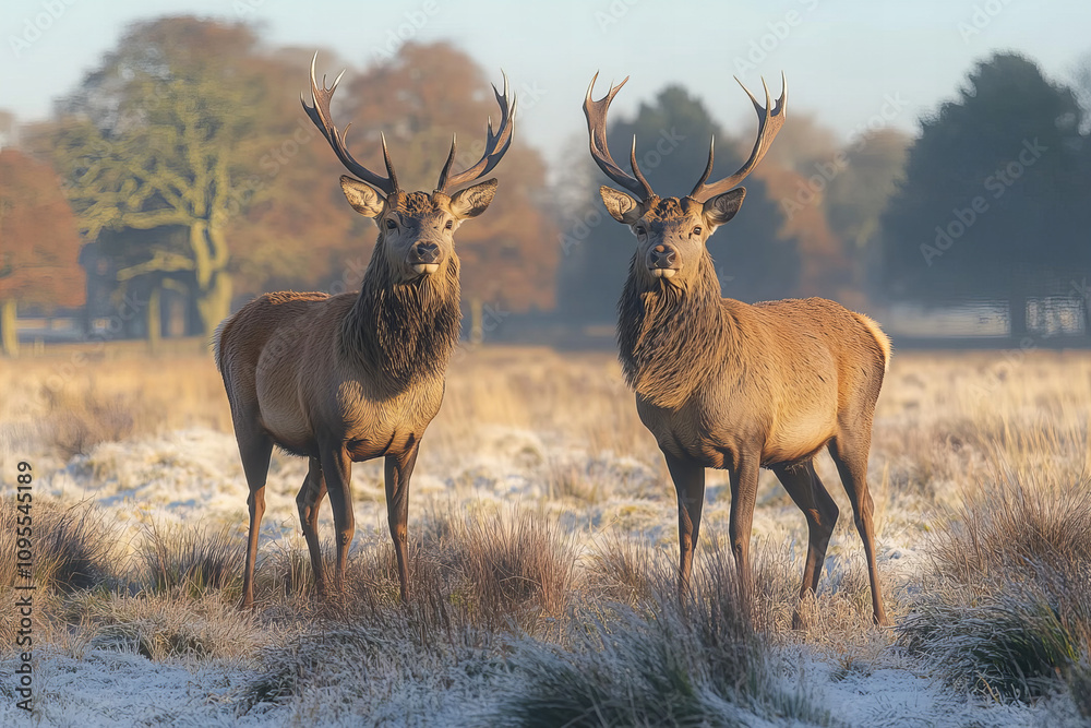 Graceful deers in a misty sunrise landscape, showcasing the peaceful harmony of nature and the beauty of wildlife in their natural habitat Graceful deers in a misty sunrise landscape, showcasing the peaceful harmony of nature and the beauty of wildlife in their natural habitat