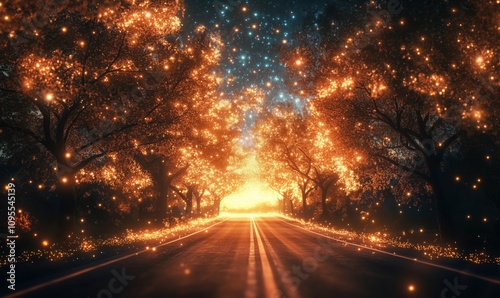 Magical glowing road lined with trees, enchanting lights, starry sky, inviting atmosphere, serene journey