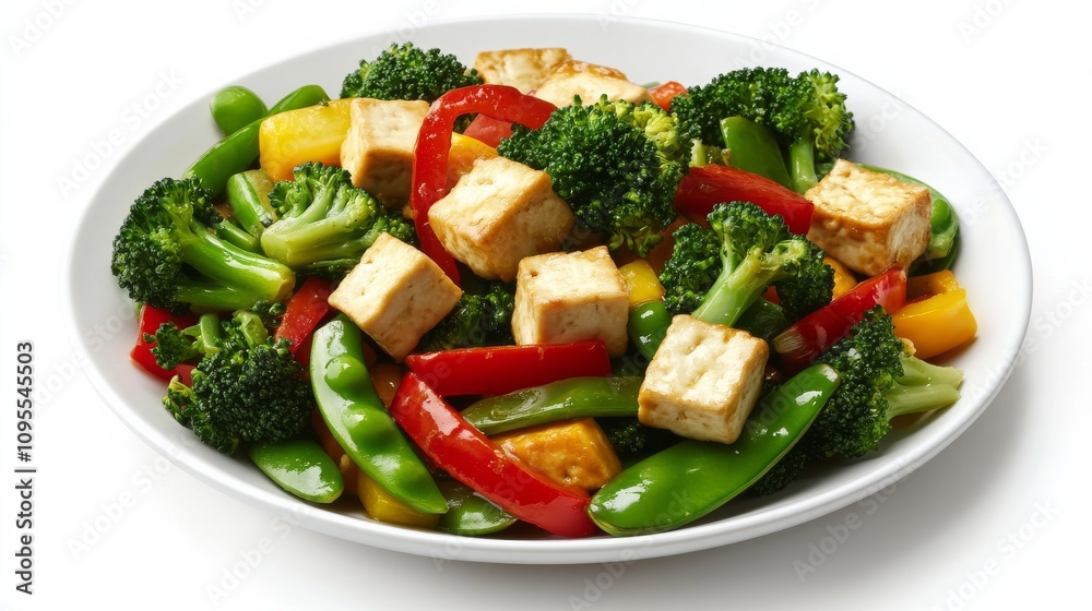 A delicious plate of veggie stir-fry with tofu, broccoli, bell peppers A delicious plate of veggie stir-fry with tofu, broccoli, bell peppers