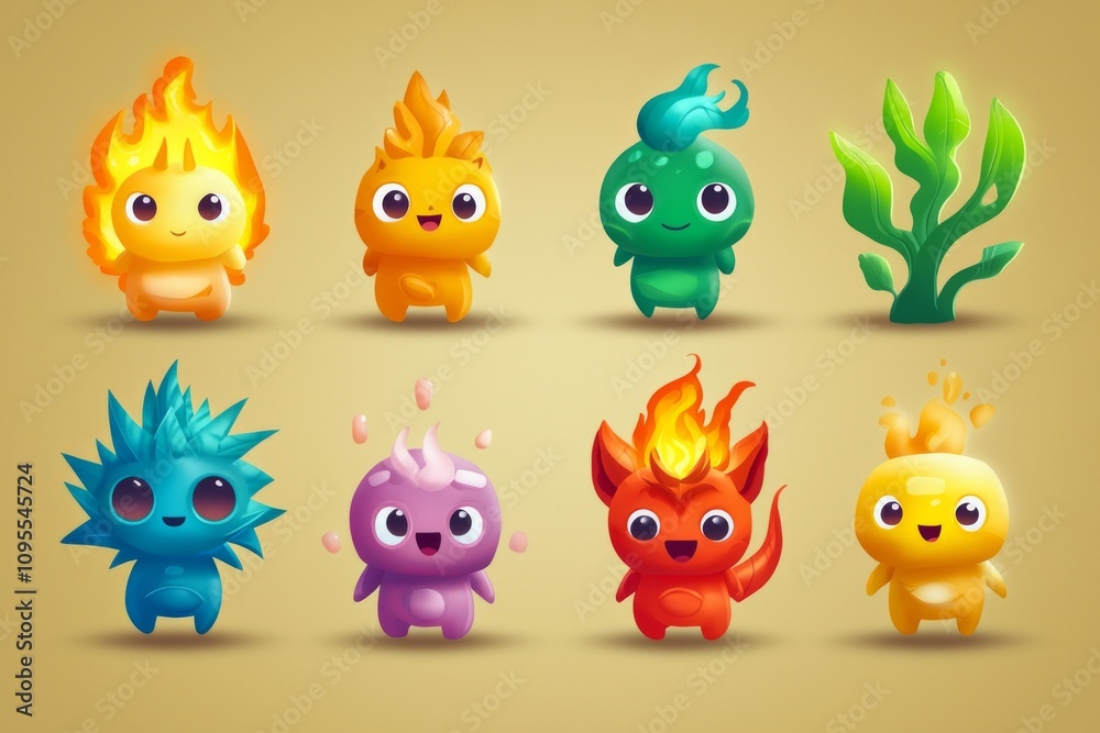 Playful Elemental Character Icons for children, with friendly and inviting expressions. Playful Elemental Character Icons for children, with friendly and inviting expressions.