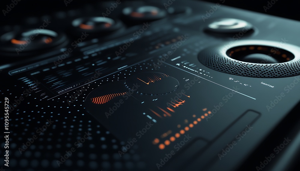 Fototapeta premium A close-up of a modern audio mixing console with various controls and visual displays.