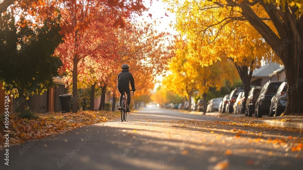 Cyclist Riding Through Autumnal Street with Sun-Drenched Leaves