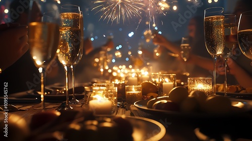 Festive dinner table with glowing candles golden accents and champagne toasts surrounded by friends sharing heartfelt resolutions as fireworks burst in the background 
