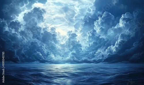 Dramatic ocean clouds, serene water surface, vibrant blue hues, atmospheric depth, captivating natural beauty