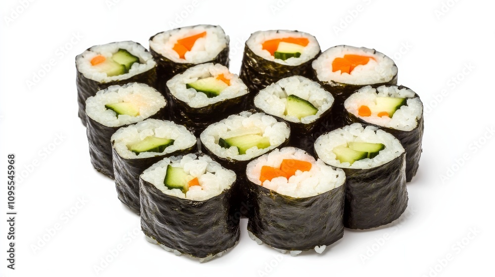 A delicious plate of veggie sushi rolls with avocado, cucumber, and carrot wrapped in seaweed and rice A delicious plate of veggie sushi rolls with avocado, cucumber, and carrot wrapped in seaweed and rice