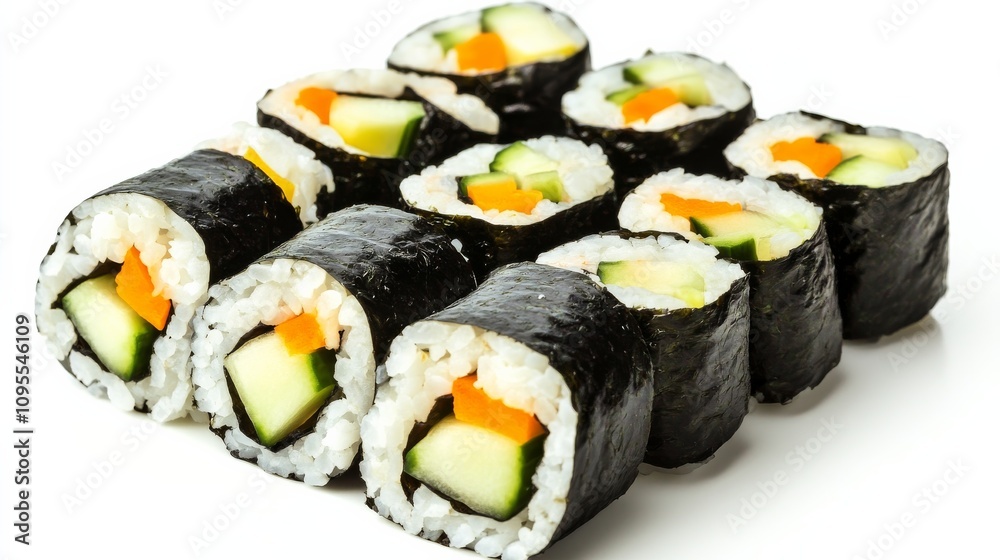 A delicious plate of veggie sushi rolls with avocado, cucumber, and carrot wrapped in seaweed and rice A delicious plate of veggie sushi rolls with avocado, cucumber, and carrot wrapped in seaweed and rice