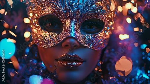 Vibrant masquerade masks and shimmering dresses glint under the glow of neon lights and sparkling wine glasses as cheers echo during the New Year’s Eve festivities  photo